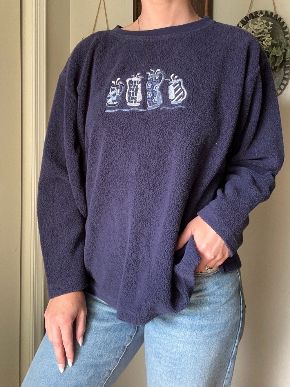 Vintage Golf Club Graphic Navy Blue Women's Fleece Sweater -Cozy Casual Pullover